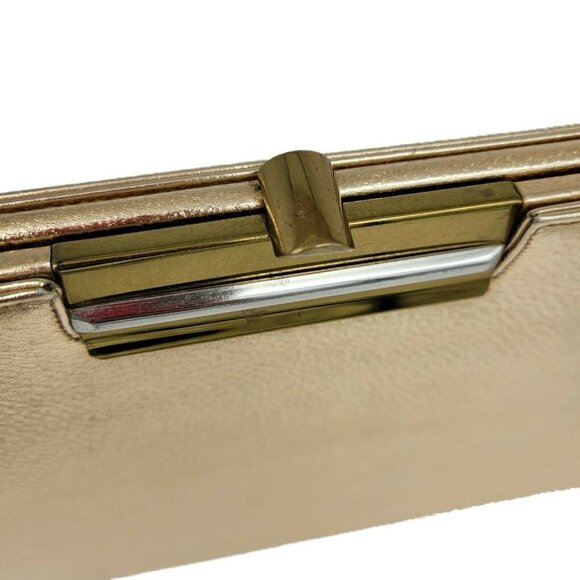 Vintage Metallic Gold Handbag Clutch Evening Bag Stiff Body Snap Closure Satin - Picture 5 of 12